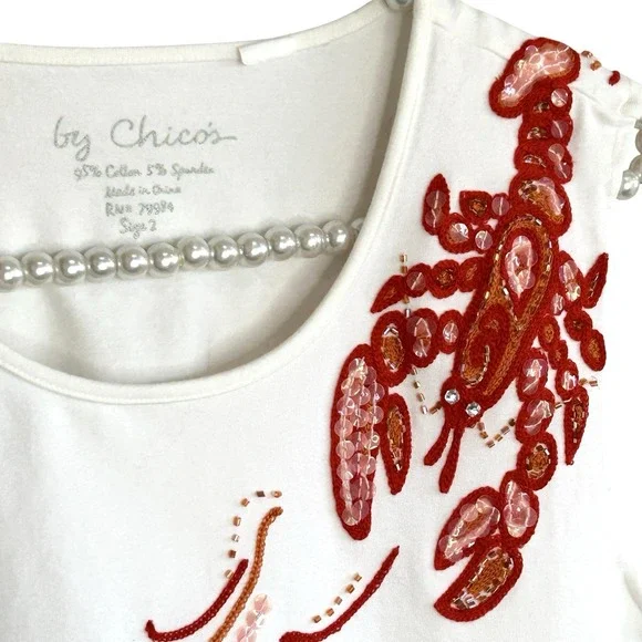 Chicos Beaded Sequin Lobster Tank Top Sz 2 Large Beachy Coastal Embroidered Flaw - Picture 4 of 11